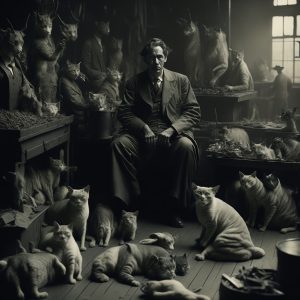Photograph of Dr. Ephraim P. Mather, sitting in a warehouse, surrounded by cats and human-like cat creatures
